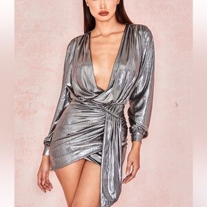 House of CB “Alvona” Metallic Silver Drape Mini Dress | Size Large